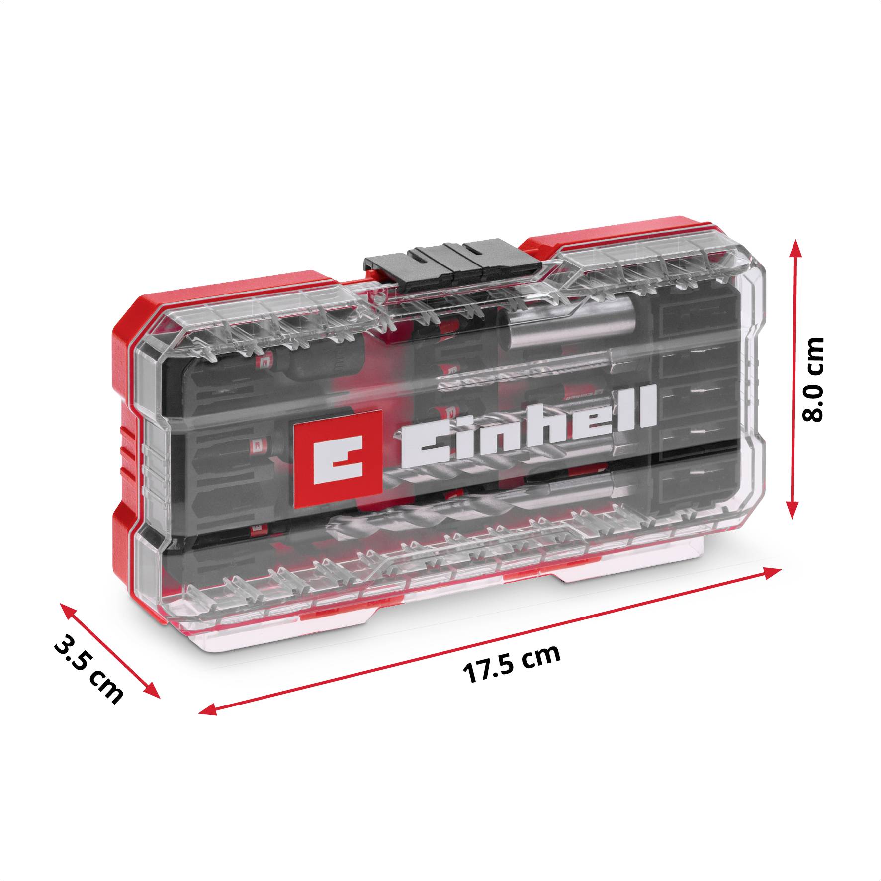 En gennemsigtig plastikkasse fra Einhell med skruetrækerinsatser. Mål: 17,5 cm bred, 3,5 cm dyb og 8,0 cm høj.