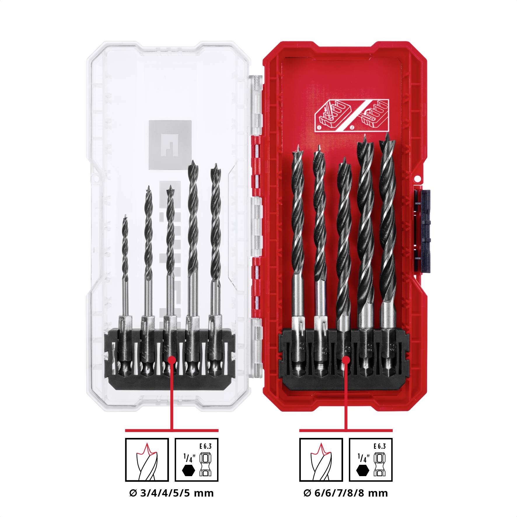 Et sæt borevedhæng; til venstre 5 mindre bor (3/4/4,5/5 mm) i den hvide bakke, til højre 5 større (6/6,5/7/8/8 mm) i den røde bakke.