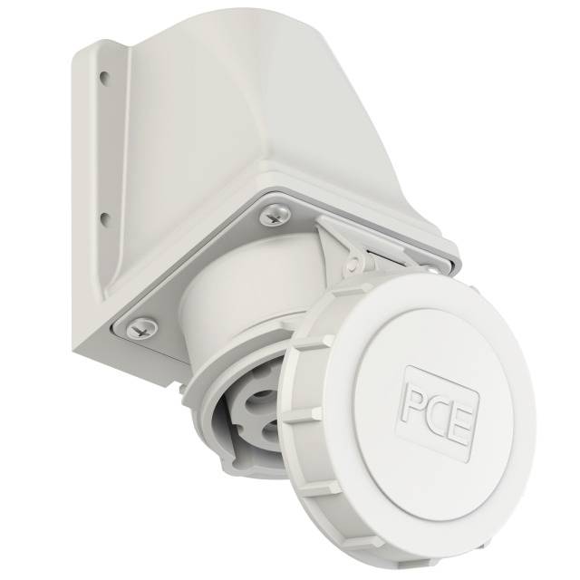 Hvid elektrisk vægstikdåse med beskyttelsesdæksel og PCE-logo på afdækningen, egnet til industrielle anvendelser.