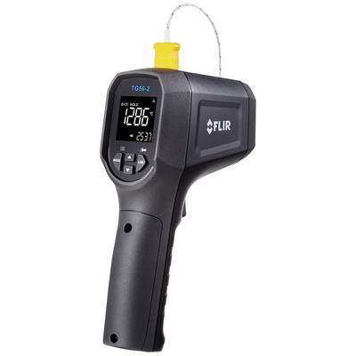 Et infrarødt termometer med display viser temperaturen til 120,6 grader Celsius. Det har en lang sonde, der er tilsluttet øverst.