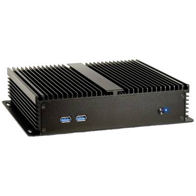 En sort mini-pc med køleribber og to USB-porte foran. En blå LED lyser til højre på forsiden.
