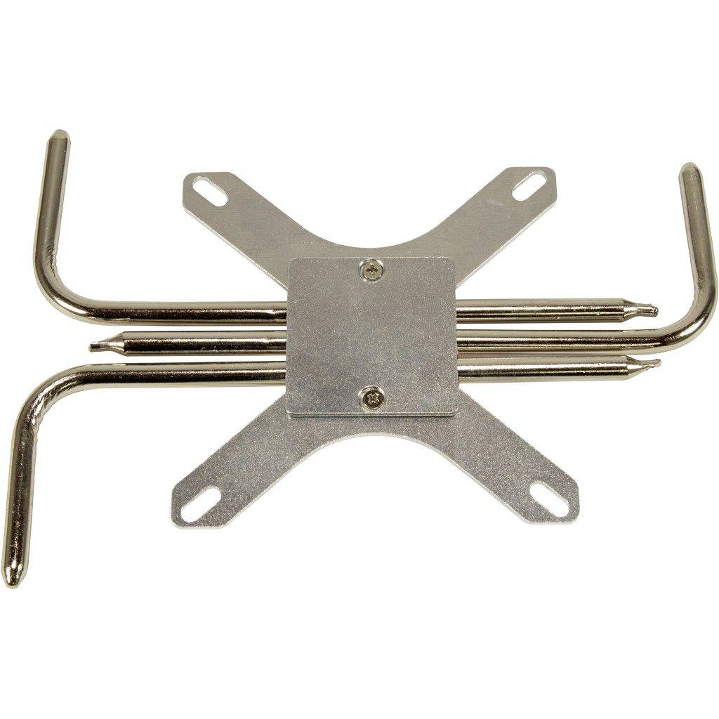 Metalbeslag med X-formet design og flere arme. Bruges ofte til fastgørelse af komponenter i tekniske applikationer.