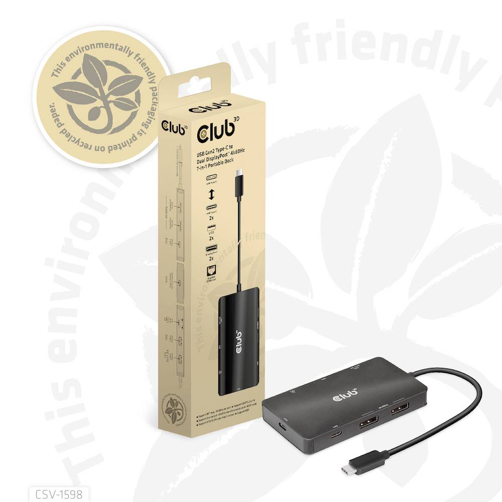 USB-C-hub på bord foran miljøvenlig emballage. Emballagen viser varemærkets logo og detaljerede oplysninger.