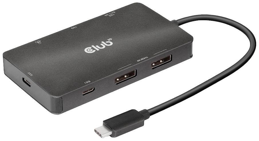 Sort USB-C-hub med flere tilslutningstyper, herunder to HDMI-porte. Velegnet til dataoverførsel og videosammenkædning.