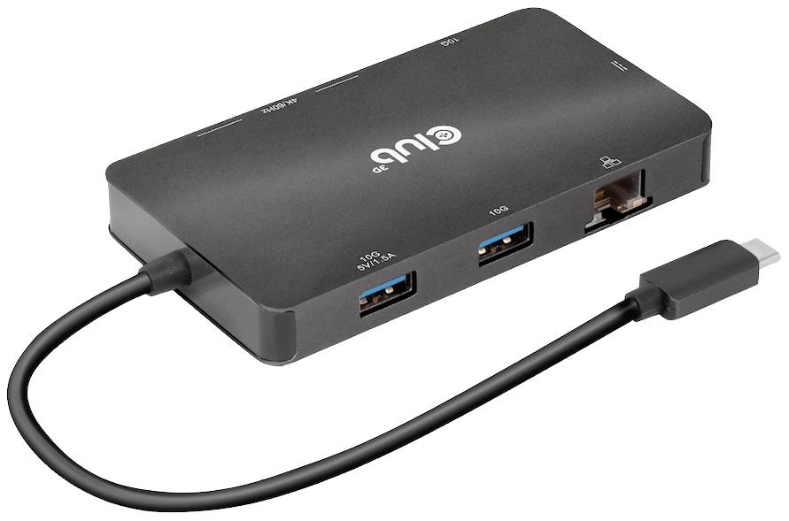 Et sort USB-C-hub med flere tilslutninger, herunder USB-A, HDMI og Ethernet, forbundet med et USB-C-kabel.