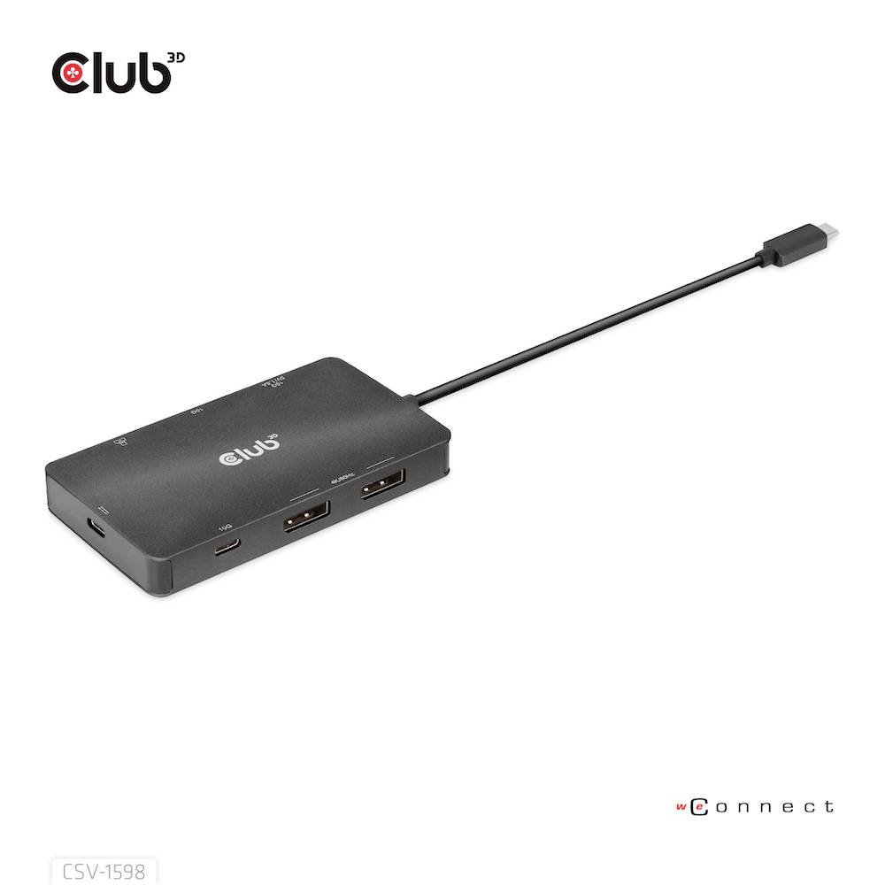 Kompakt sort adapter med flere tilslutninger, herunder HDMI og USB, forbundet med et USB-C-kabel på højre side.