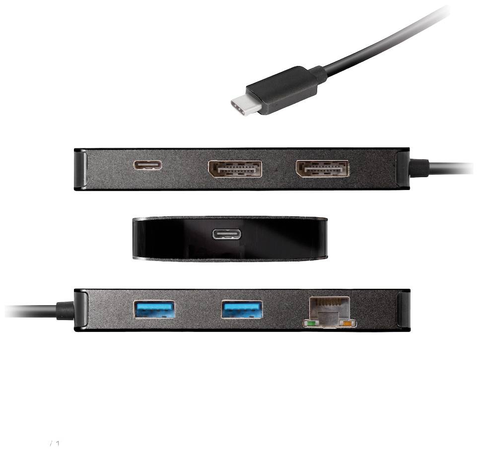 USB-C Dockingstation med flere forbindelser: HDMI, DisplayPort, USB-A, Ethernet og USB-C. Ideel til bærbare computere og periferiudstyr.