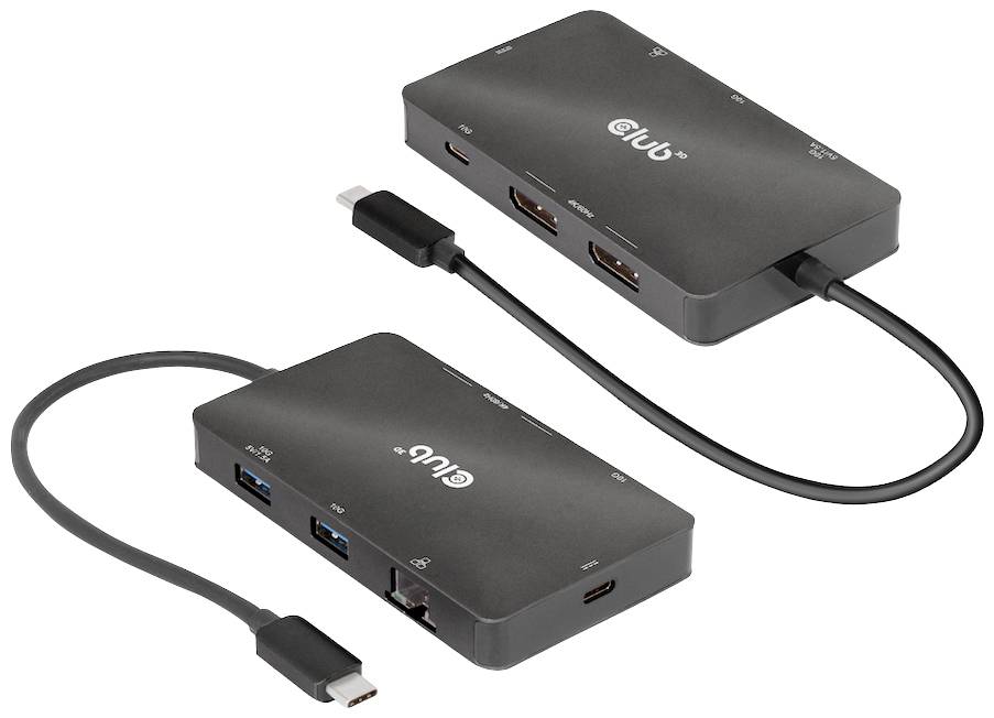 To tagstik med USB-C-dokstationer, som har flere HDMI-, USB-A- og USB-C-porte. Den ene har et integreret USB-C-kabel.