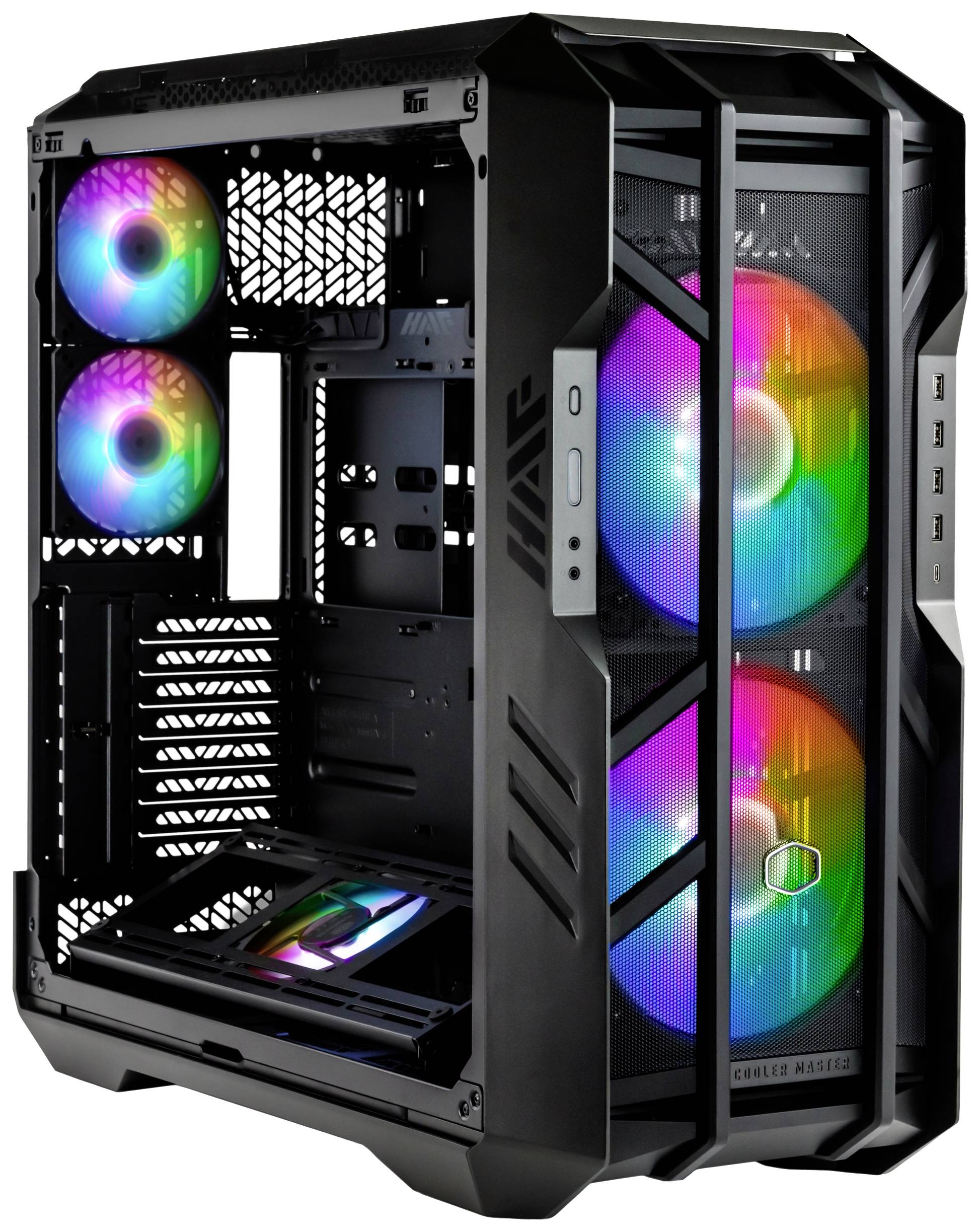 Sort computerkabinet med farverige LED-blæsere, transparente sidepaneler og USB-porte foran, velegnet til gaming-computere.