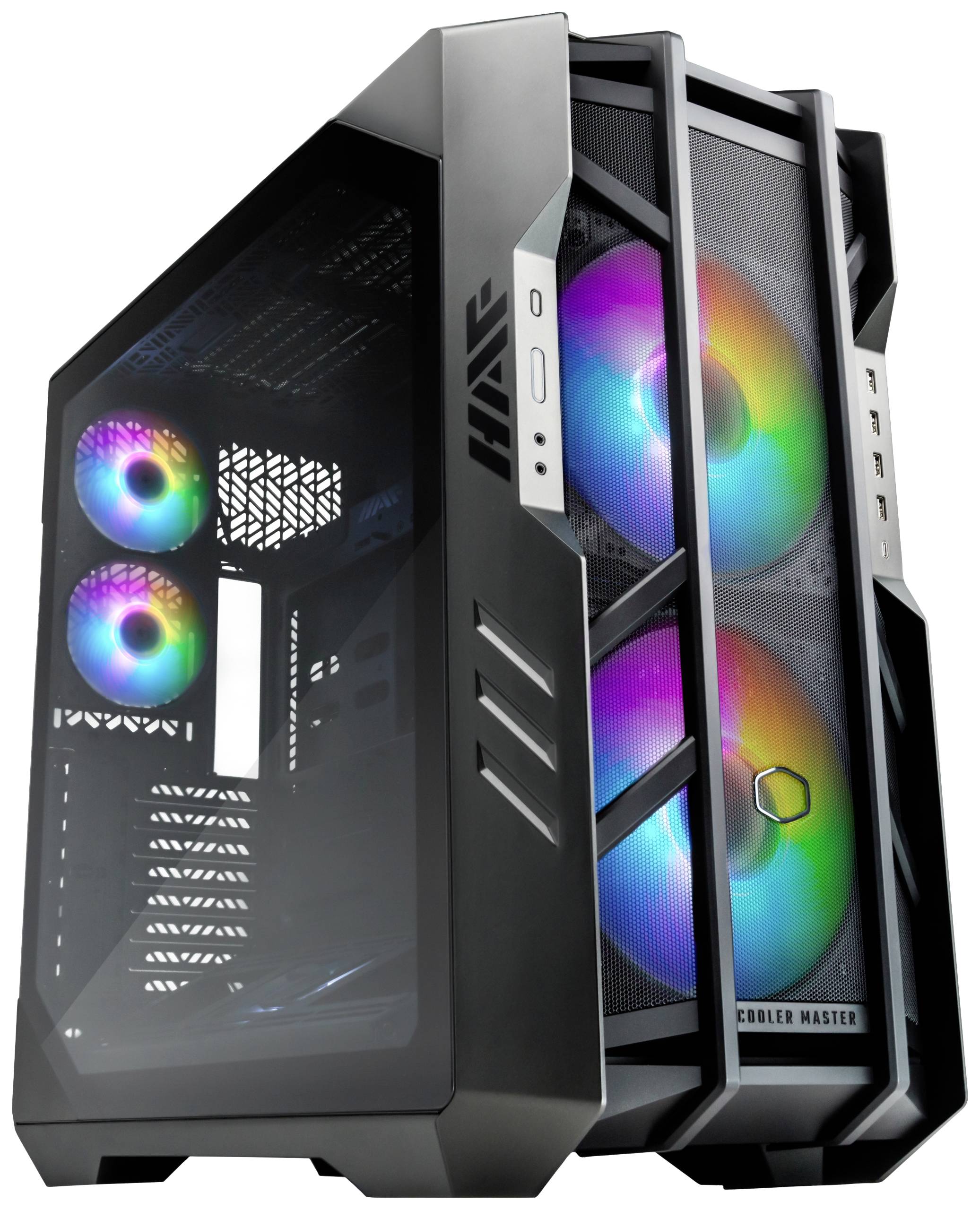 Gaming-PC-kabinet med to store, lysende blæsere fortil og et moderne sort design med gennemsigtige sider.