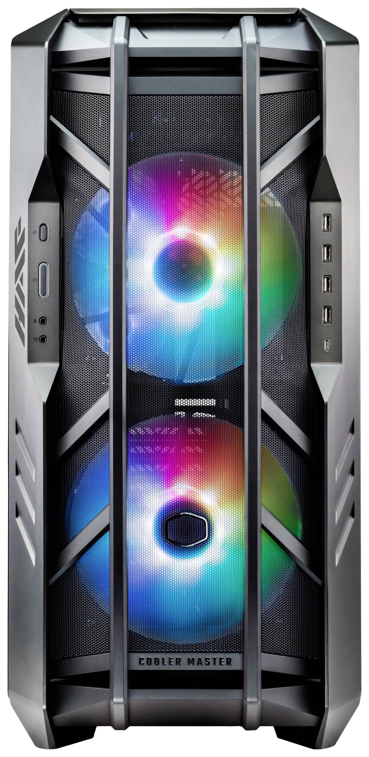 Gaming-PC-kabinet fra Cooler Master med to synlige blæsere, der lyser i farverige LED-farver. Indeholder flere USB-porte.