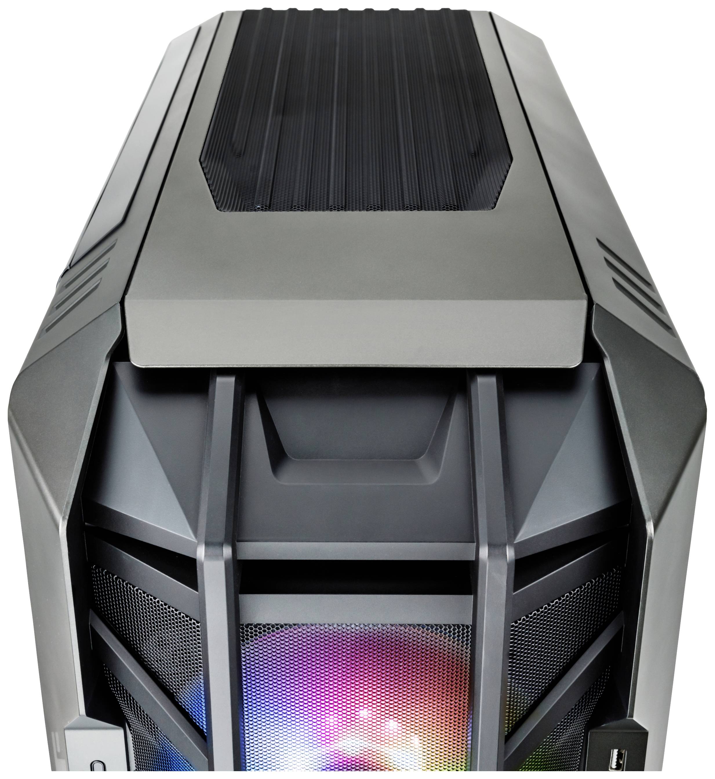 Gaming-computerkabinet med grå, futuristisk form, synlig ventilation øverst og frontalt regnbue LED-belysning.
