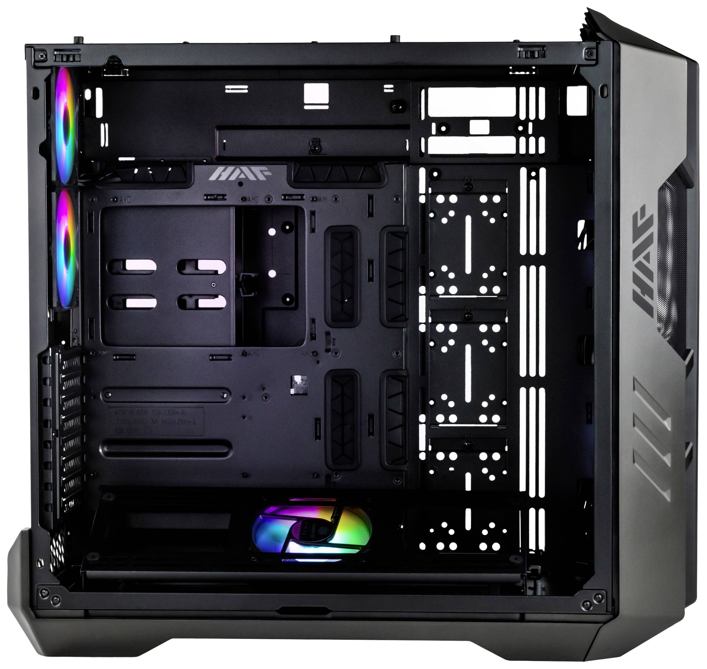 Åbent PC-kabinet med RGB-belysning på blæserne, som viser den indvendige konstruktion uden installerede hardwarekomponenter.