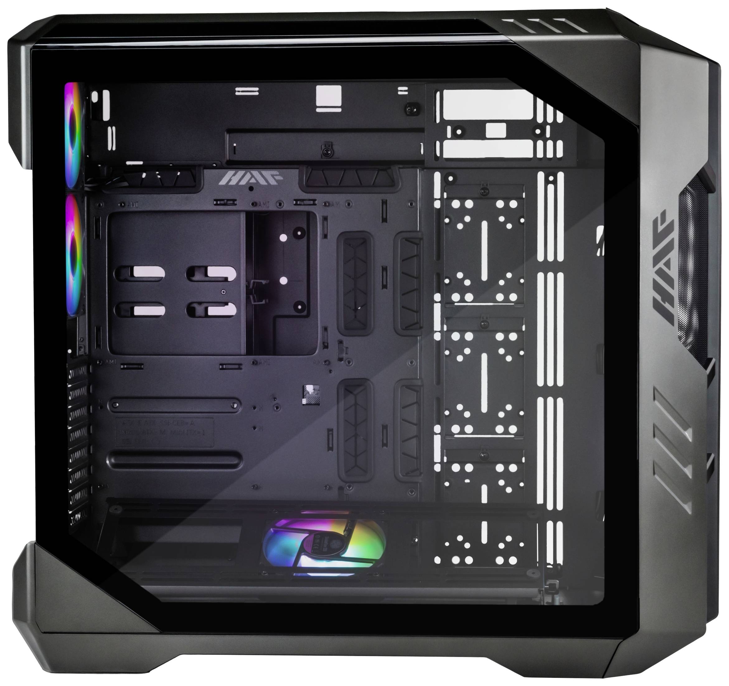 Computerkabinet med gennemsigtigt sidepanel, RGB-belyste blæsere øverst og nederst, samt flere drevpladser til komponenter.