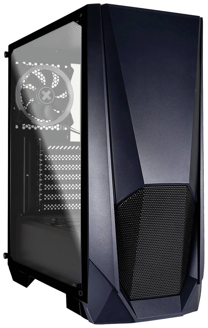 Et sort computeretui med et sidefelt, der viser en ventilator og plads til hardwarekomponenter.