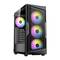 Sort PC-kabinet med glasvindue, viser lysende RGB-blæsere foran og bagpå, egnet til gaming-pc'er.