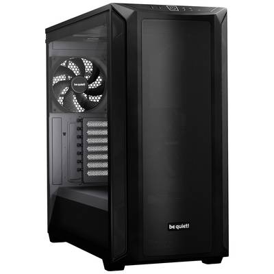 Sort computerkabinet med transparent sidepanel og ventilator indvendig, mærkelogo 'be quiet!' synligt på front og ventilator.