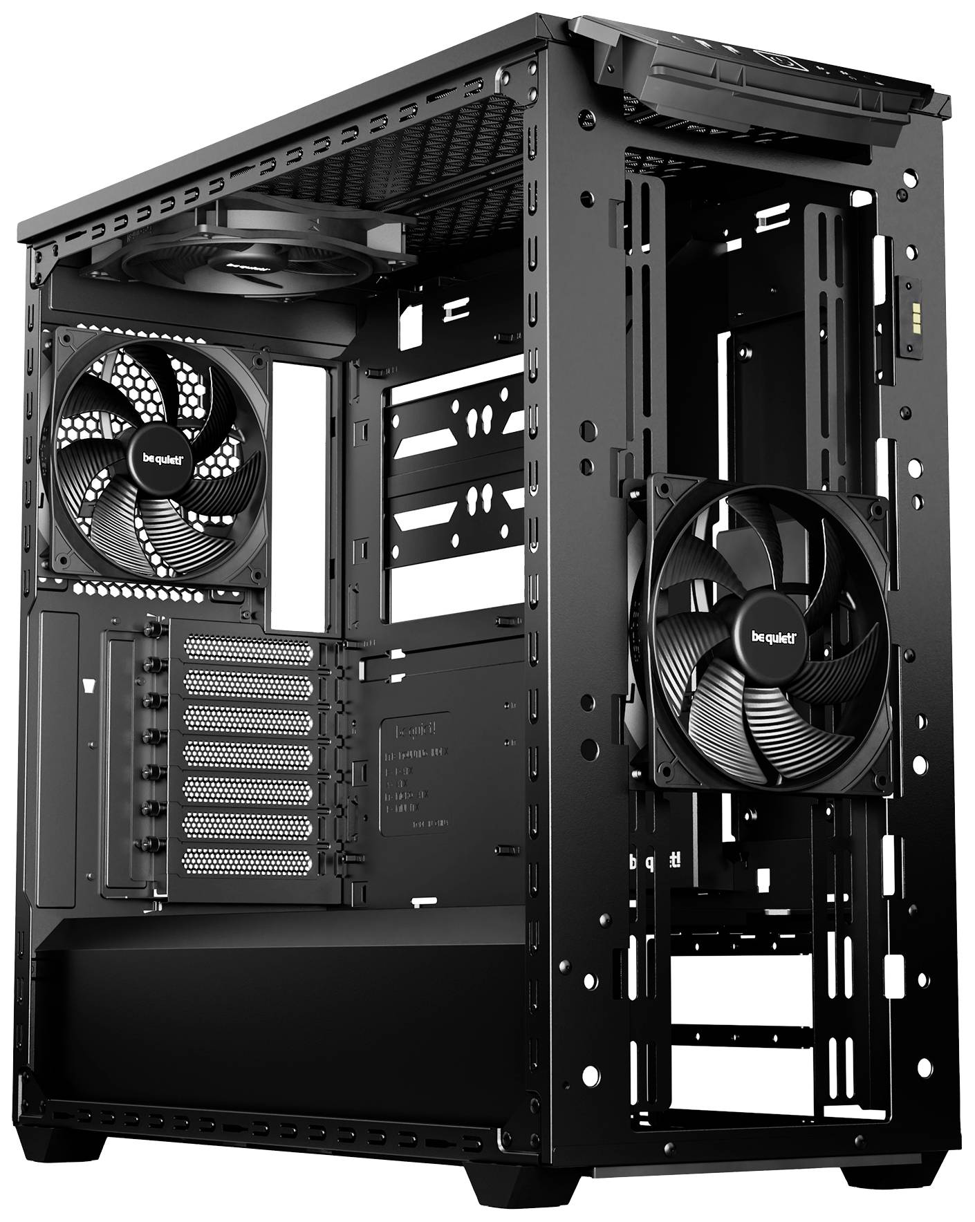 Åbent sort PC-kabinet med synlige ventilatorer og ramme til hardwarekomponenter, velegnet til brugerdefinerede computeropsætninger.