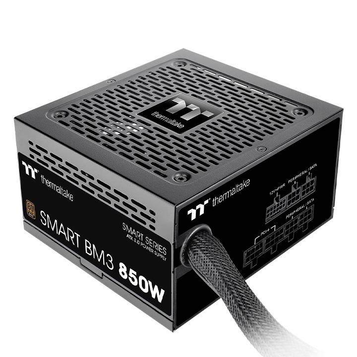 Strømforsyning Thermaltake Smart BM3, 850W, modulære kabler. Velegnet til kraftfulde computere. Sort design med ventileret overflade.