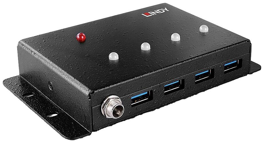 En sort USB-hub med fire USB-porte, en rød LED-indikator og påskriften 'LINDY' øverst på enheden.