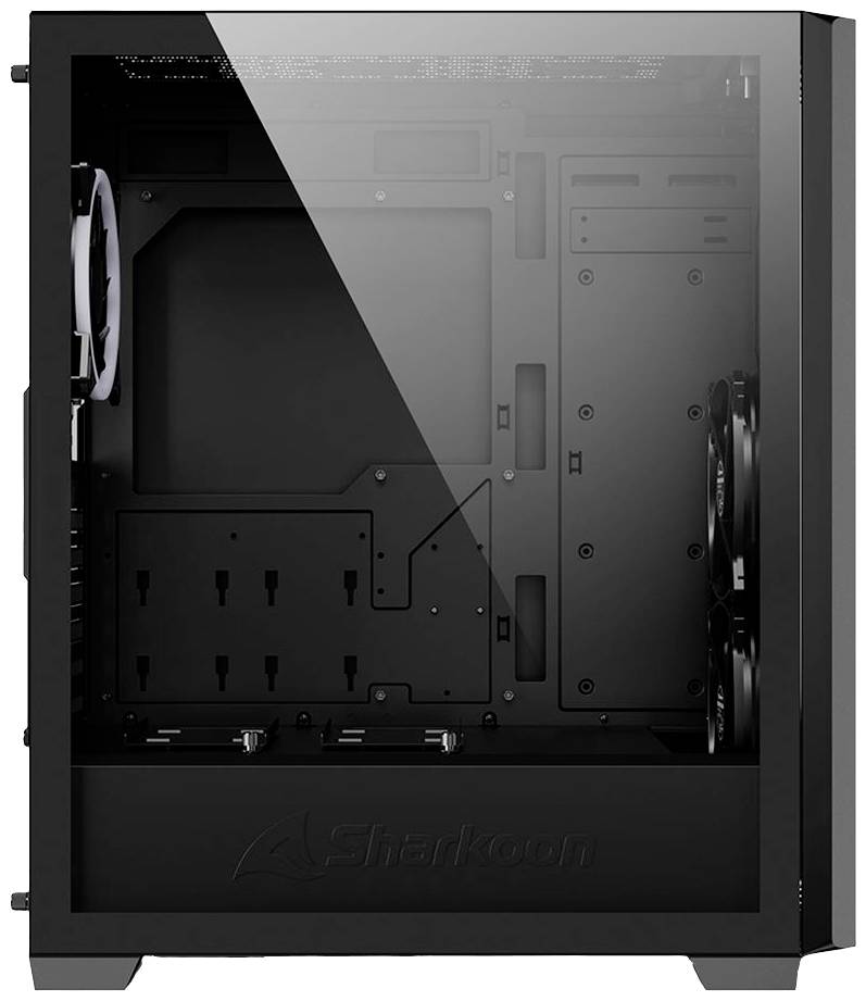 Et sort computerkabinet med et gennemsigtigt sidepanel, egnet til installation af hardwarekomponenter, med brandnavnet synligt forneden.