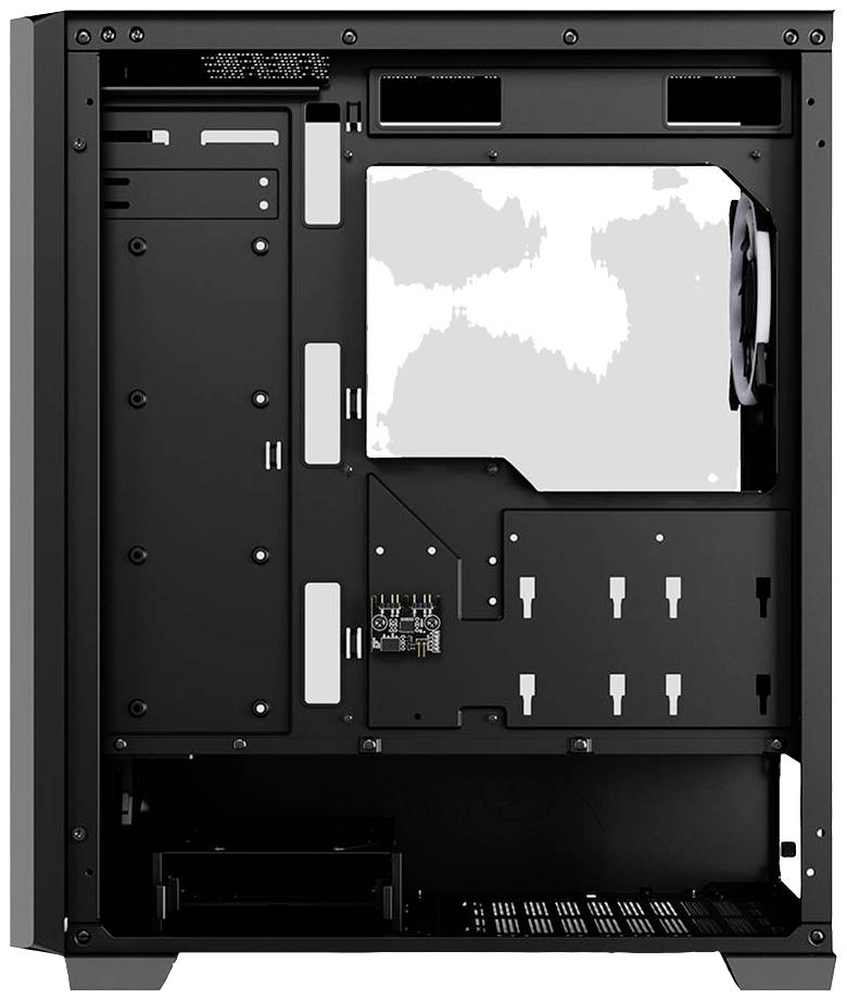 Kabinet til en computer-tower med åben side, som viser den tomme indvendige struktur med monteringsskinner og plads til komponenter.