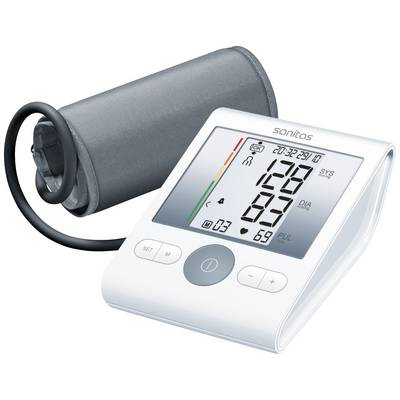 Blodtryksmåler med digital display. Viser værdier for SYS 128, DIA 83, puls 69. Grå manchet og betjeningselementer synlige.