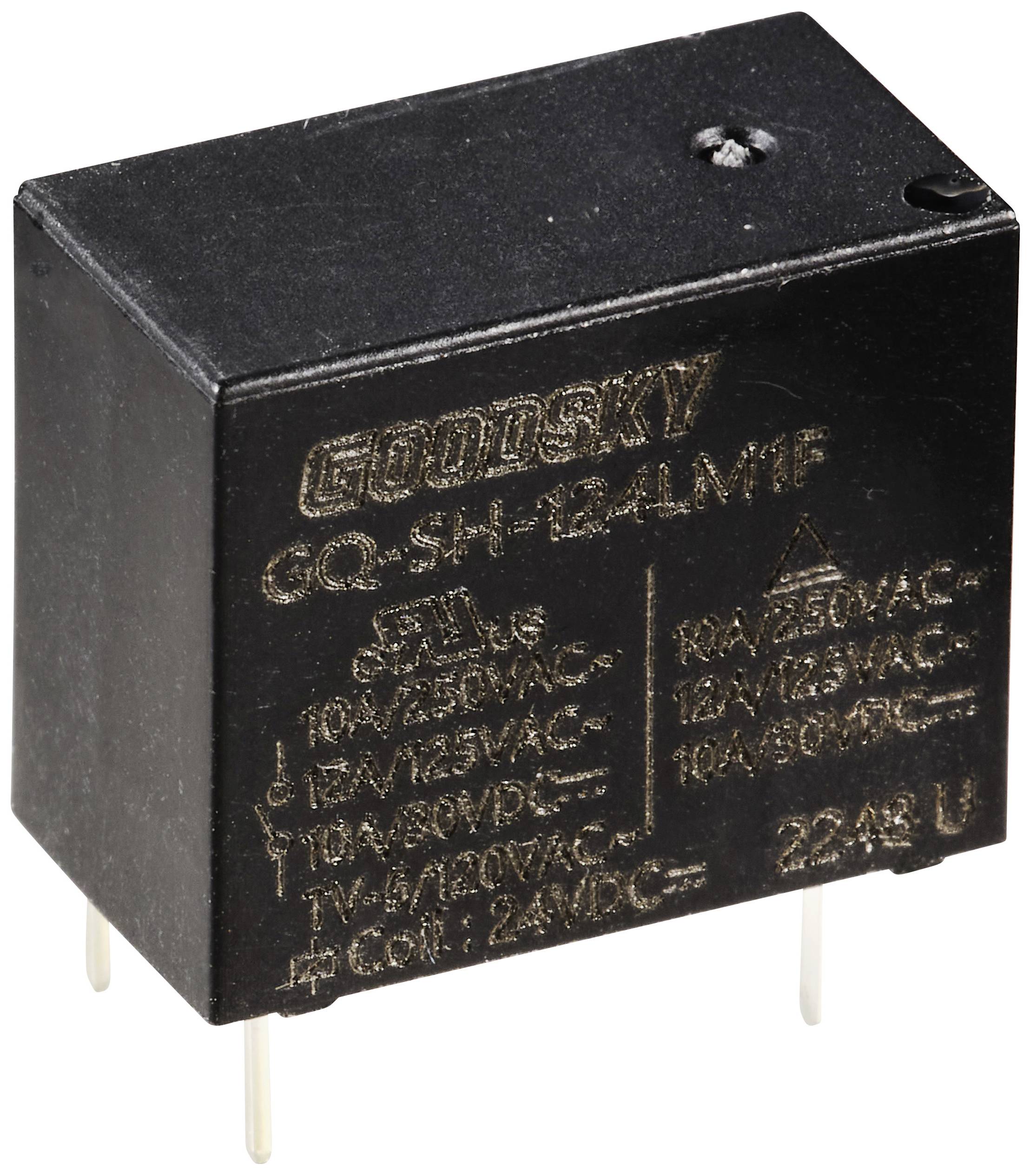 Et sort elektrisk relæ med påskriften 'GOODSKY GQ-SH-124LM1F', specificeret til forskellige spændinger og strømstyrker.
