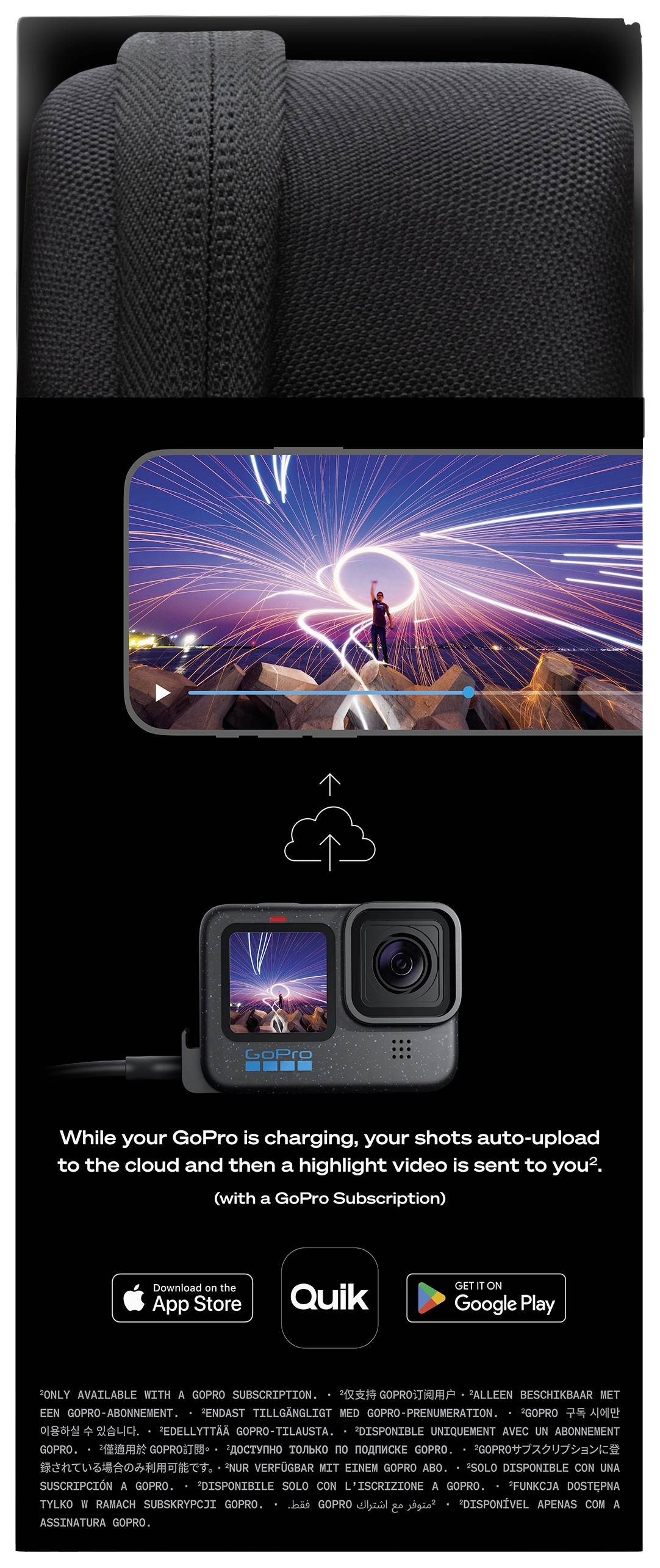 Et GoPro-kamera uploader automatisk billeder til skyen. Vist: Kamera, kabel, smartphone med optaget billede.