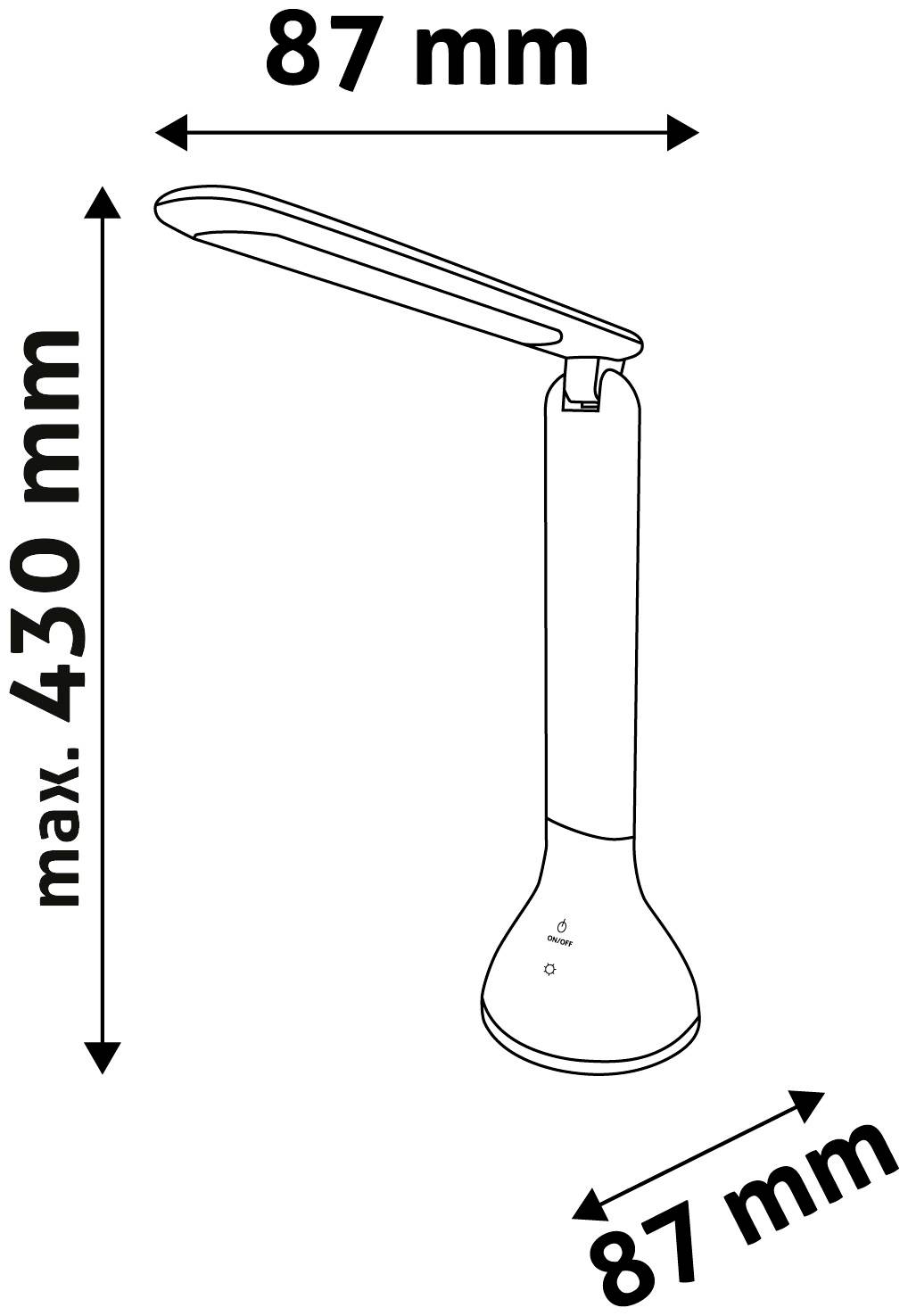 Diagram af en bordlampe med dimensionerne 87 mm bredde og maksimalt 430 mm højde.