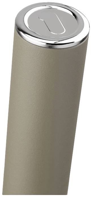 En sølvfarvet knap øverst på en beige cylinder. Knappen viser symbolet '1'.