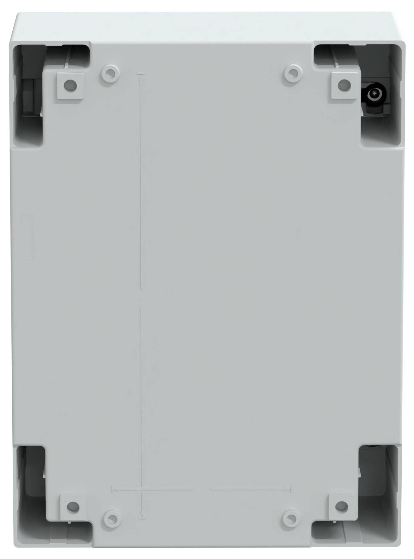 Bagfra ses et gråt rektangulært plastisk elektrisk kapsling med monteringspunkter øverst og nederst.