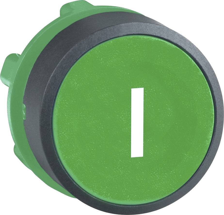 Grøn rund kontakt med et hvidt 'I'-symbol i midten, som indikerer tændt tilstand.