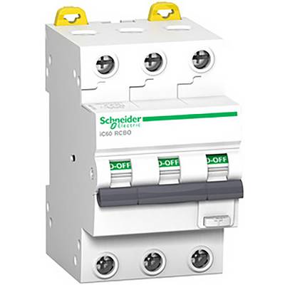 En trepolet effektbeskyttelsesafbryder fra Schneider Electric med grøn 'ON/OFF' kontakt, anvendt til styring af elektriske strømkredse.