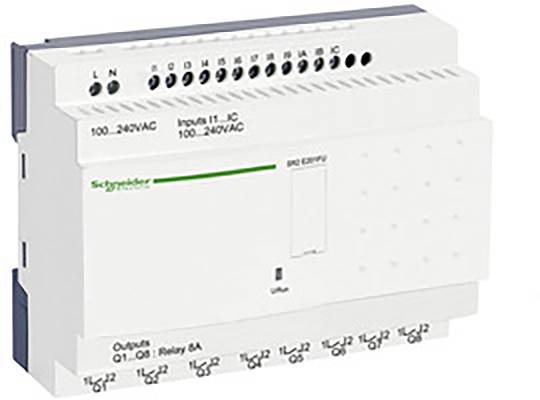 Hvidt elektrisk modulapparat med flere tilslutninger øverst, mærket med indgange og udgange, fra en velkendt producent.