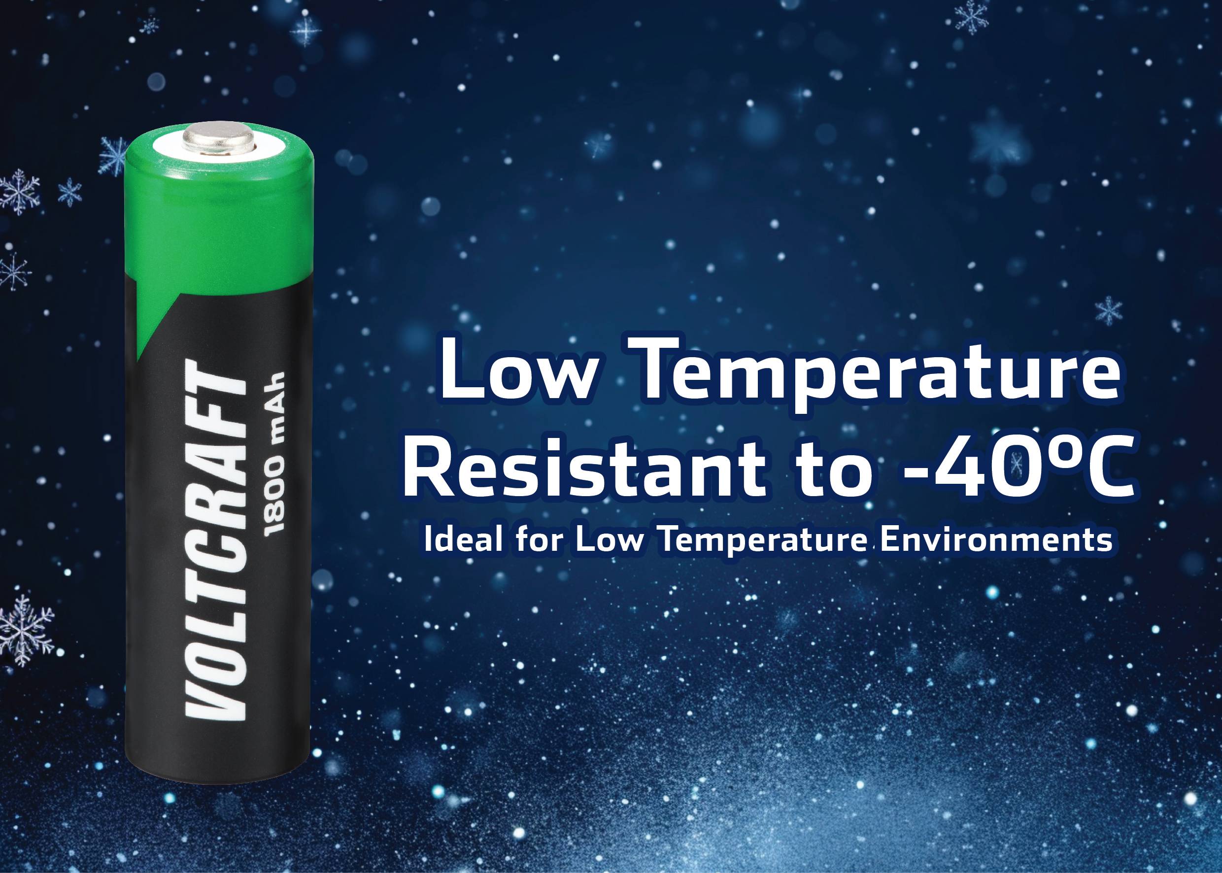Batteri "VOLTCRAFT 1800 mAh" ved tekst: 'Modstandsdygtig ved lave temperaturer ned til -40°C. Ideel til miljøer med lave temperaturer.' Baggrund: Sne.
