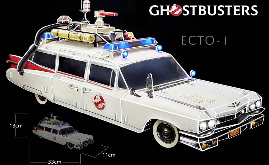 Model af en hvid retro-bil med 'Ghostbusters'-emblem, lygter og udstyr på taget, betegnet som 'ECTO-1'.