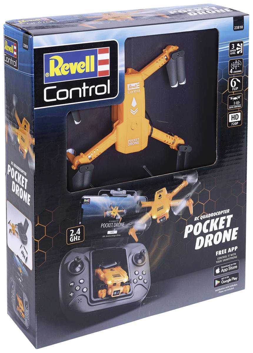 Emballage til en orange RC Quadrocopter Pocket Drone fra Revell Control, inklusive fjernbetjening. Understøtter 3 flyvetilstande.