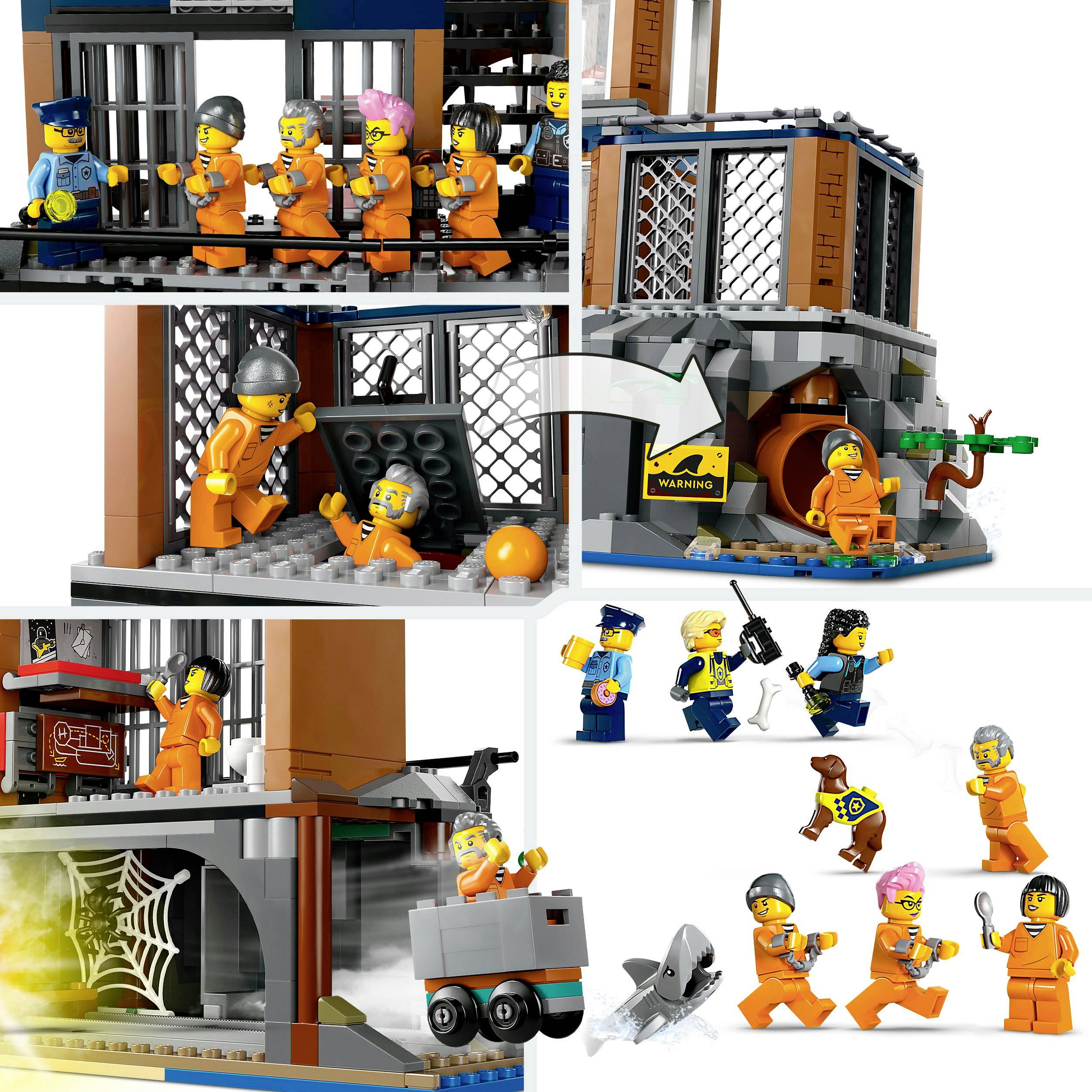 Lego-byggesæt viser scener fra et fængselsudbrud med figurer, der bryder ud, flygter og forfølges, inklusive udstyr og forhindringer.