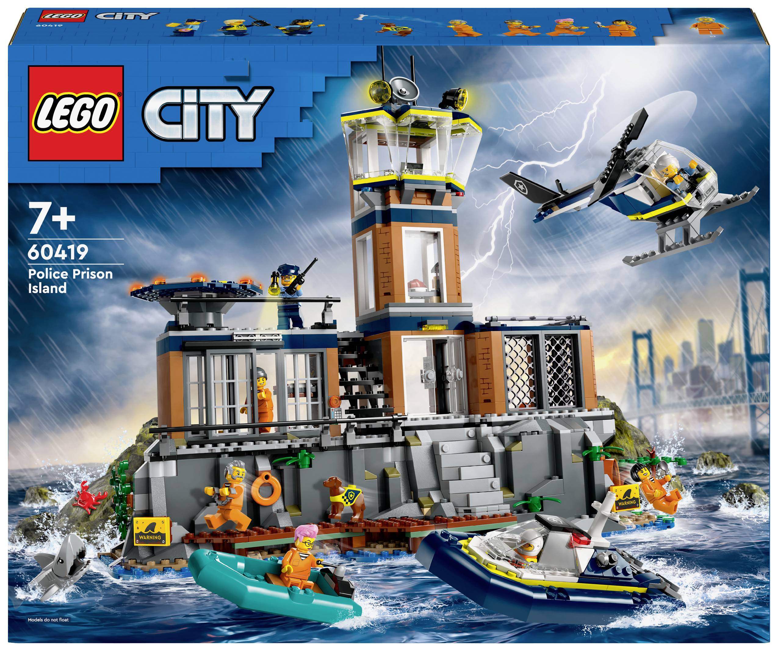 LEGO City Sæt 'Politifængselsø' for børn fra 7 år. Viser et fængsel på en ø med helikopter og både i stormvejr.