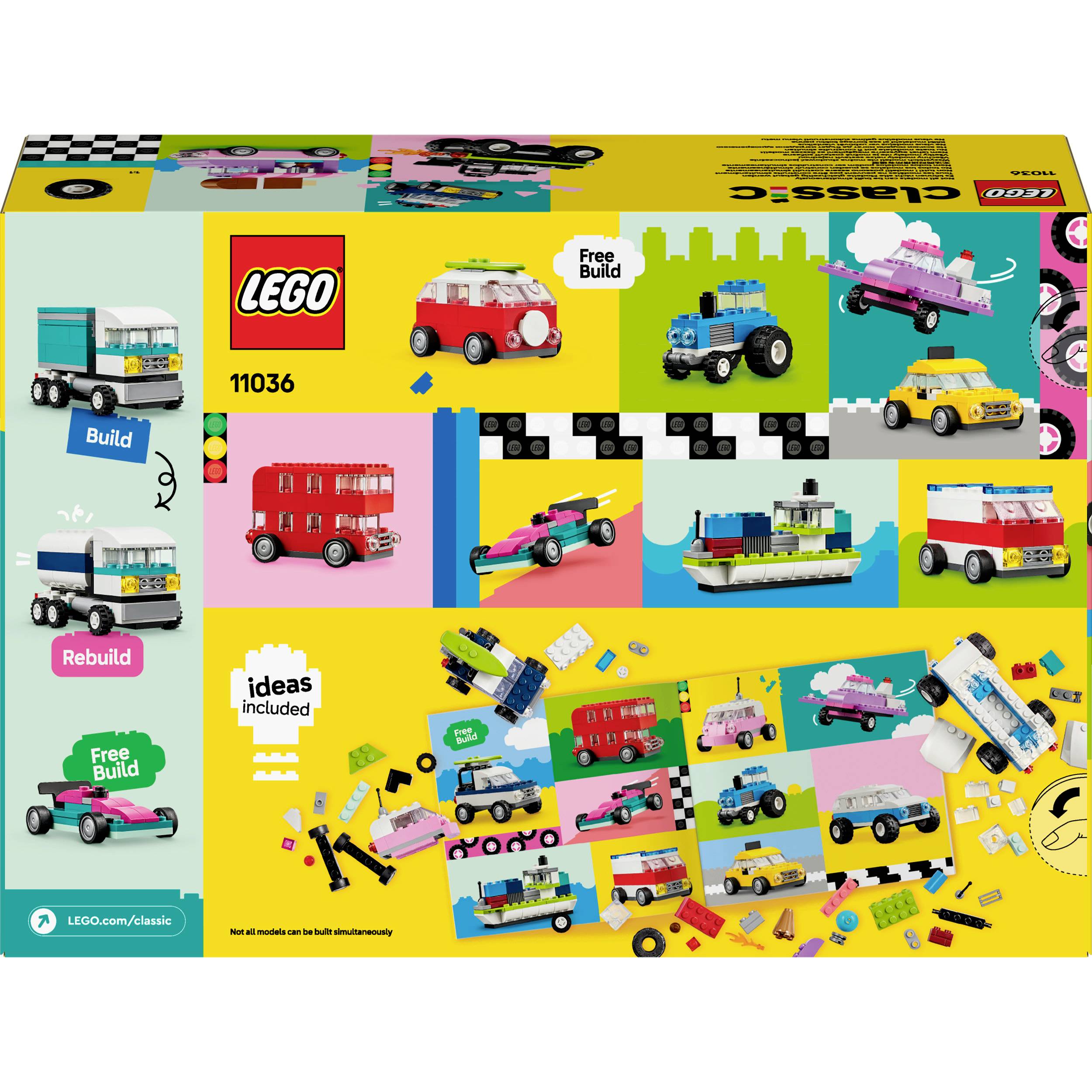 LEGO-sæt '11036' pakke med forskellige køretøjsmodeller, byggeforslag og farverige klodser.