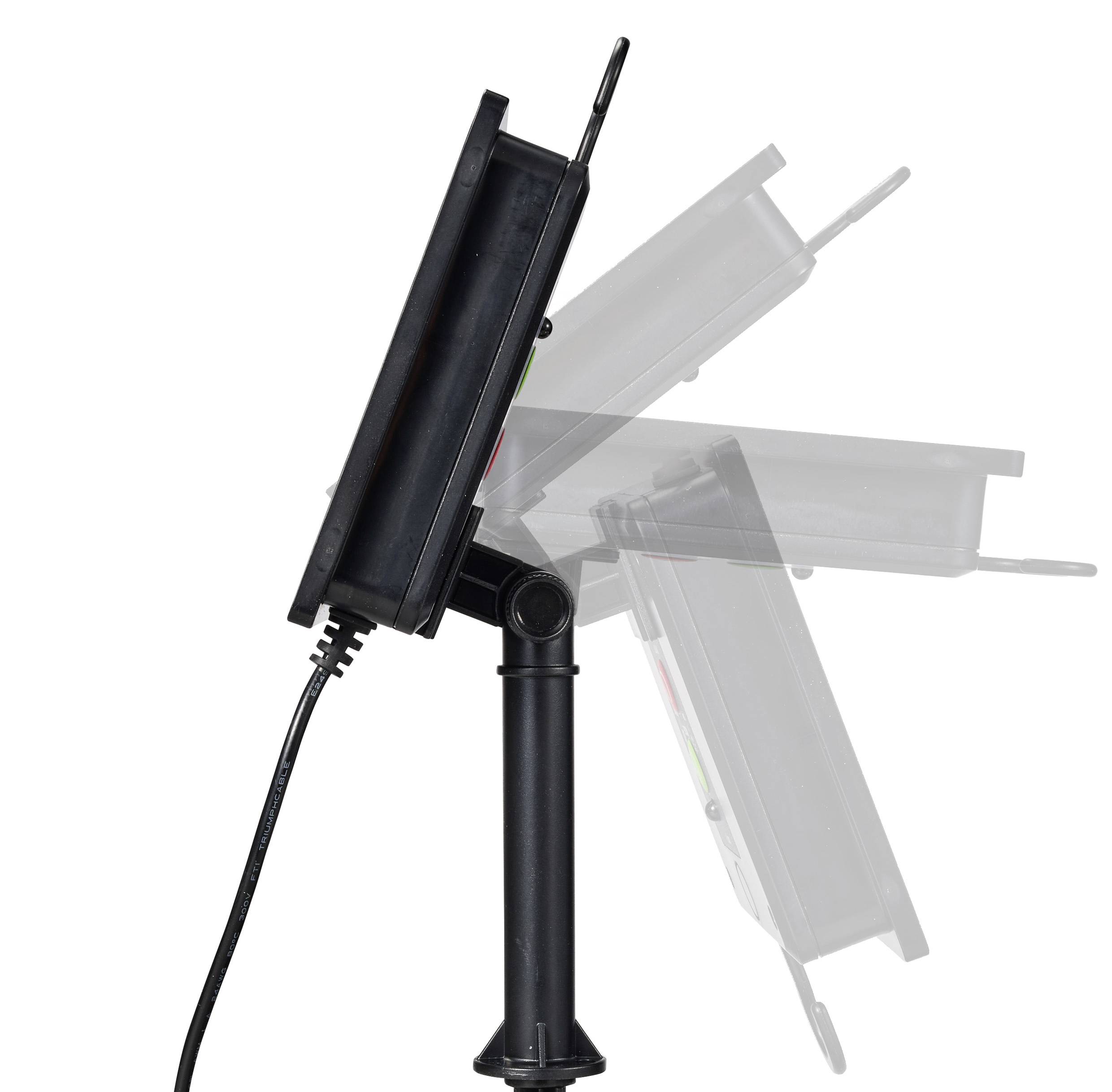 Sidevisning af en drejelig bordlampe med justerbar fod og ledning. Lampen kan vippes i forskellige vinkler.