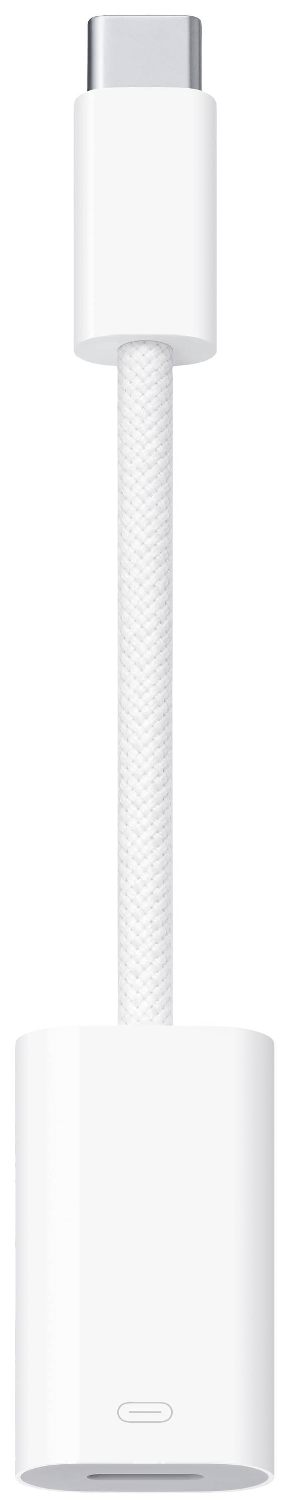 Hvid adapter: USB-C stik til USB-A port med et kort kabel, egnet til at forbinde enheder med forskellige stik.