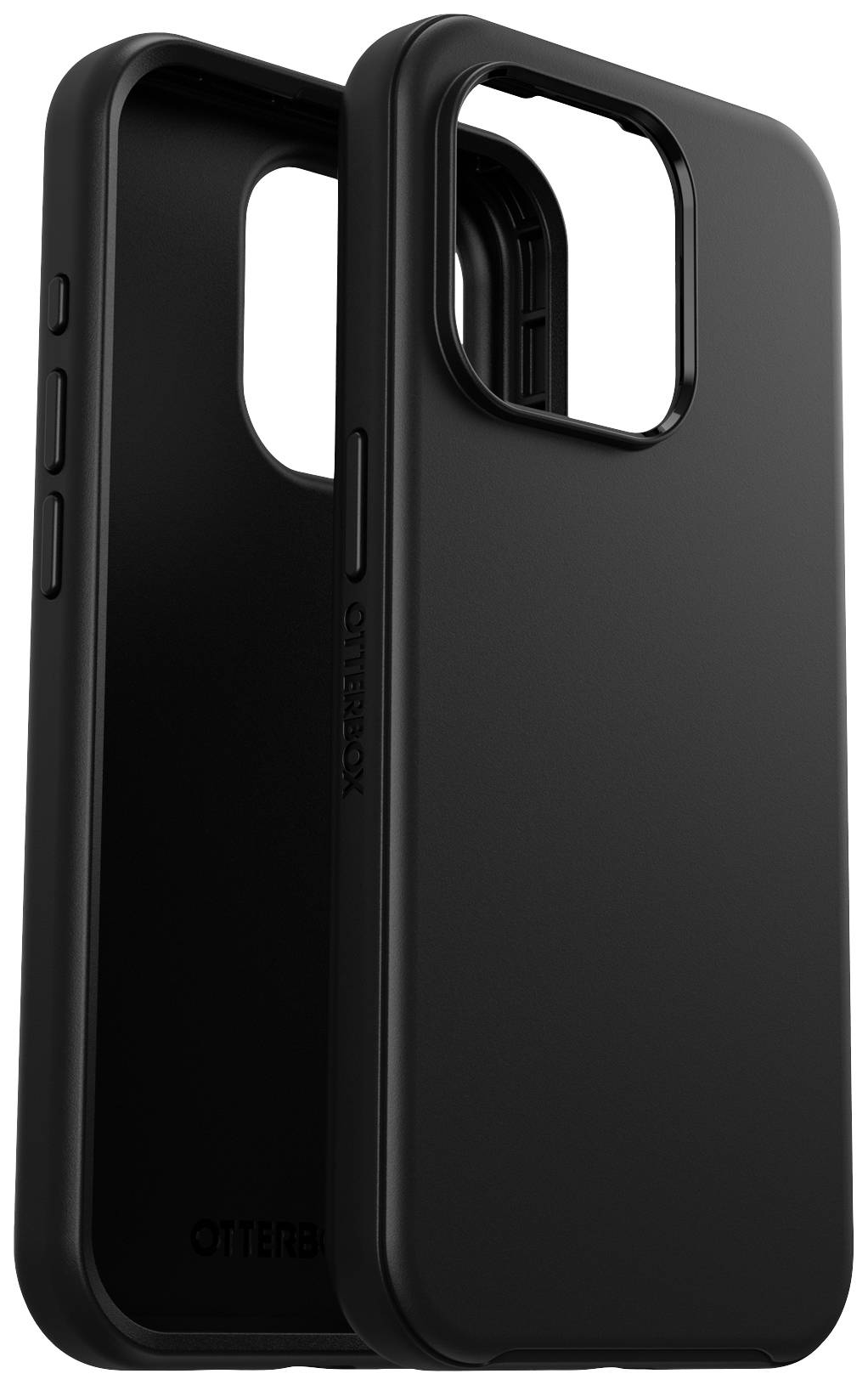 Sort smartphone-beskyttelsescover med robust, minimalistisk design, som giver stødabsorption og ridsebestandighed. Mærkenavnet 'OtterBox' synligt på siden.