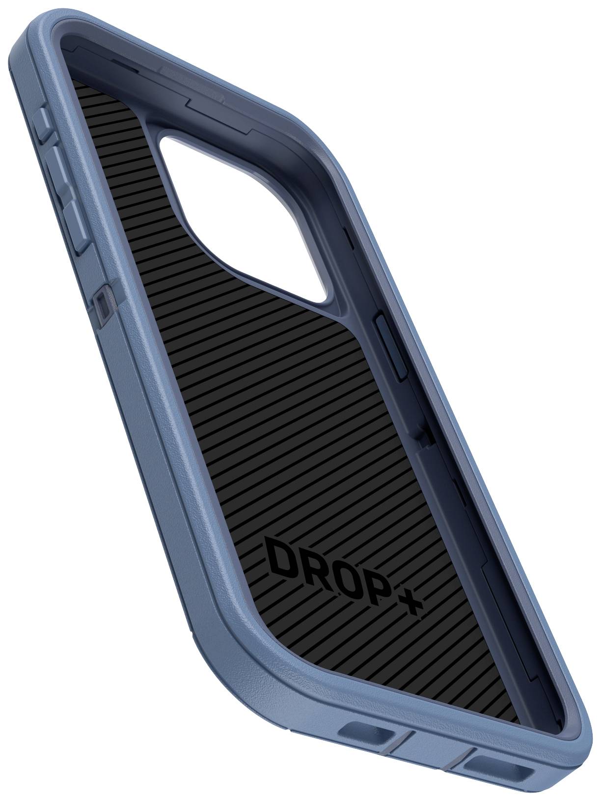 Et blåt smartphone-etui med sort indvendigt og 'DROP+' påskrift, som giver støddemping. Design med sideknapper.