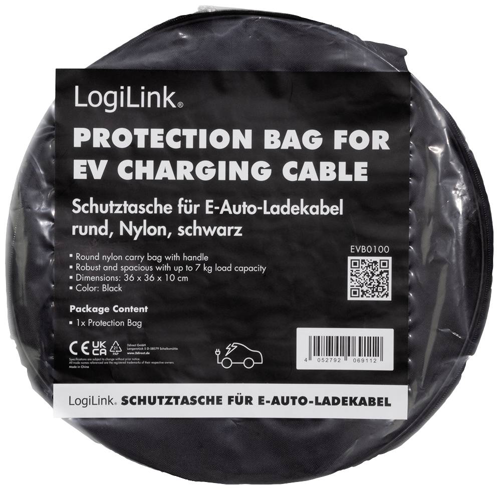 Beskyttelsstaske til elbil-ladekabel, rund, fremstillet af sort nylon, robust, med håndtag, 36 x 36 x 10 cm, egnet til op til 7 kg.