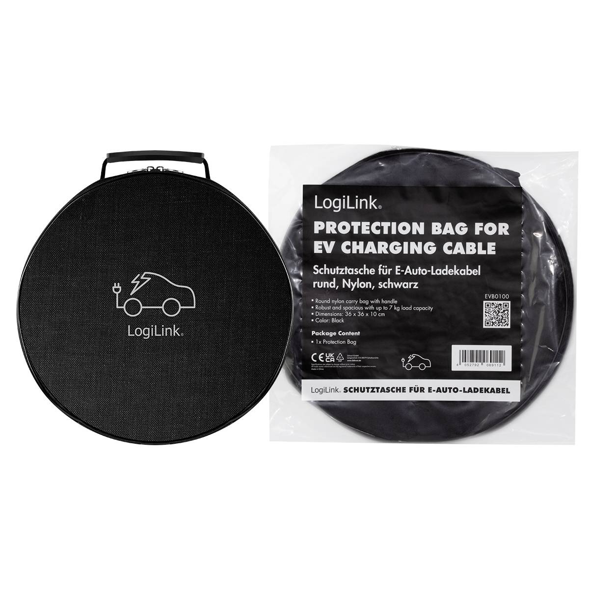 Sort beskyttelsestaske til elbil-ladekabel lavet af nylon, rund, med LogiLink-logo. Emballage med produktoplysninger på tysk.
