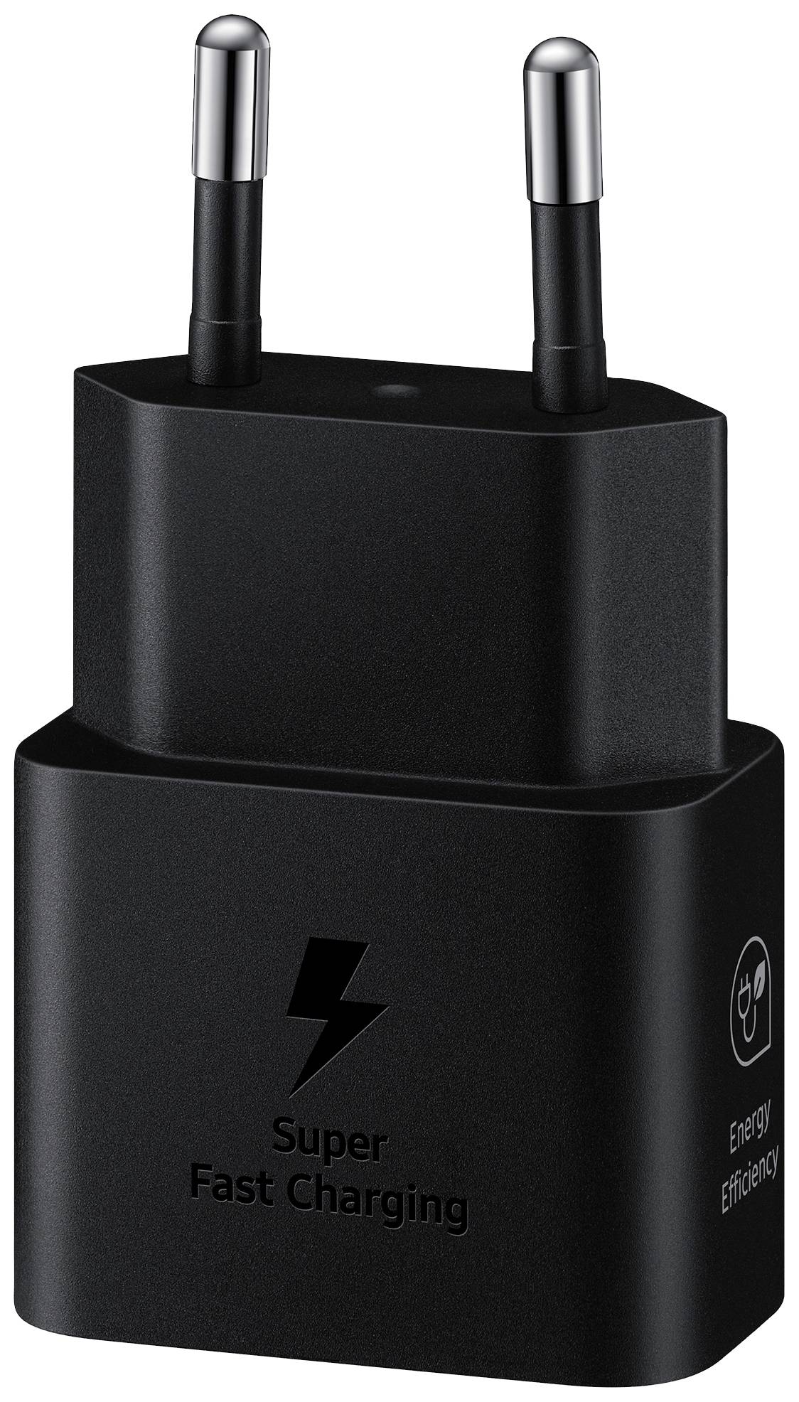 Et sort oplader med europæisk stik og teksten 'Super Fast Charging', viser et lynsymbol og et energieffektivitetsikon.