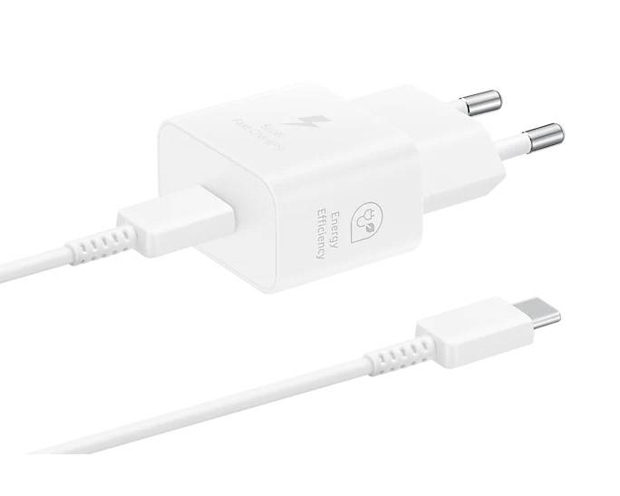 Et hvidt USB-oplader med EU-stik og Type-C-kabel. Det har symboler for 'hurtigopladning' og 'energieffektivitet' på huset.