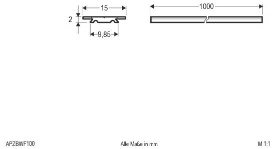 Teknisk dimensionstegning af en 1000 mm lang strip, 15 mm bred og 2 mm tyk, med en 9,85 mm intern profil; alle målinger i mm.